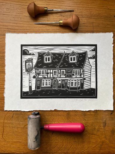 The Hope Pub in Carshalton linocut print by Ruth Joyce Art