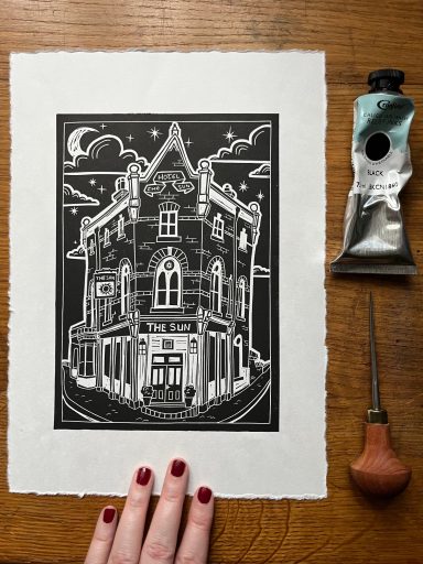 The Sun Pub linocut art print by Ruth Joyce Art