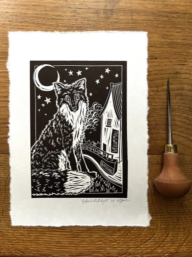 Butterhill at Night linocut art print by Ruth Joyce Art