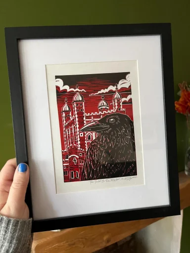 The Raven and The Tower linocut art print by Ruth Joyce Art