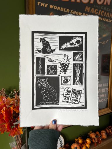 The Witches Toolkit linocut art print by Ruth Joyce Art