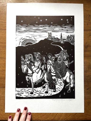 The Pilgrims linocut art print by Ruth Joyce Art
