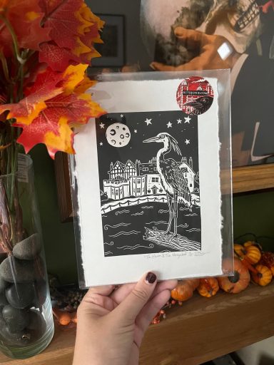 The Heron and The Honeywood linocut art print by Ruth Joyce Art