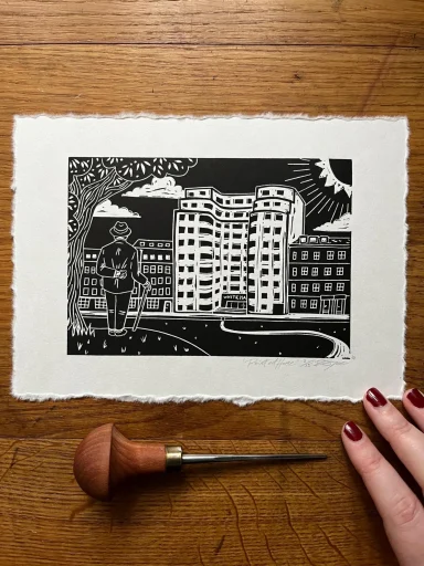 Poirot at Home linocut art print by Ruth Joyce Art